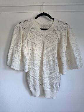 bishop + young Ivory Pointelle Crewneck Sweater with Flutter Sleeves